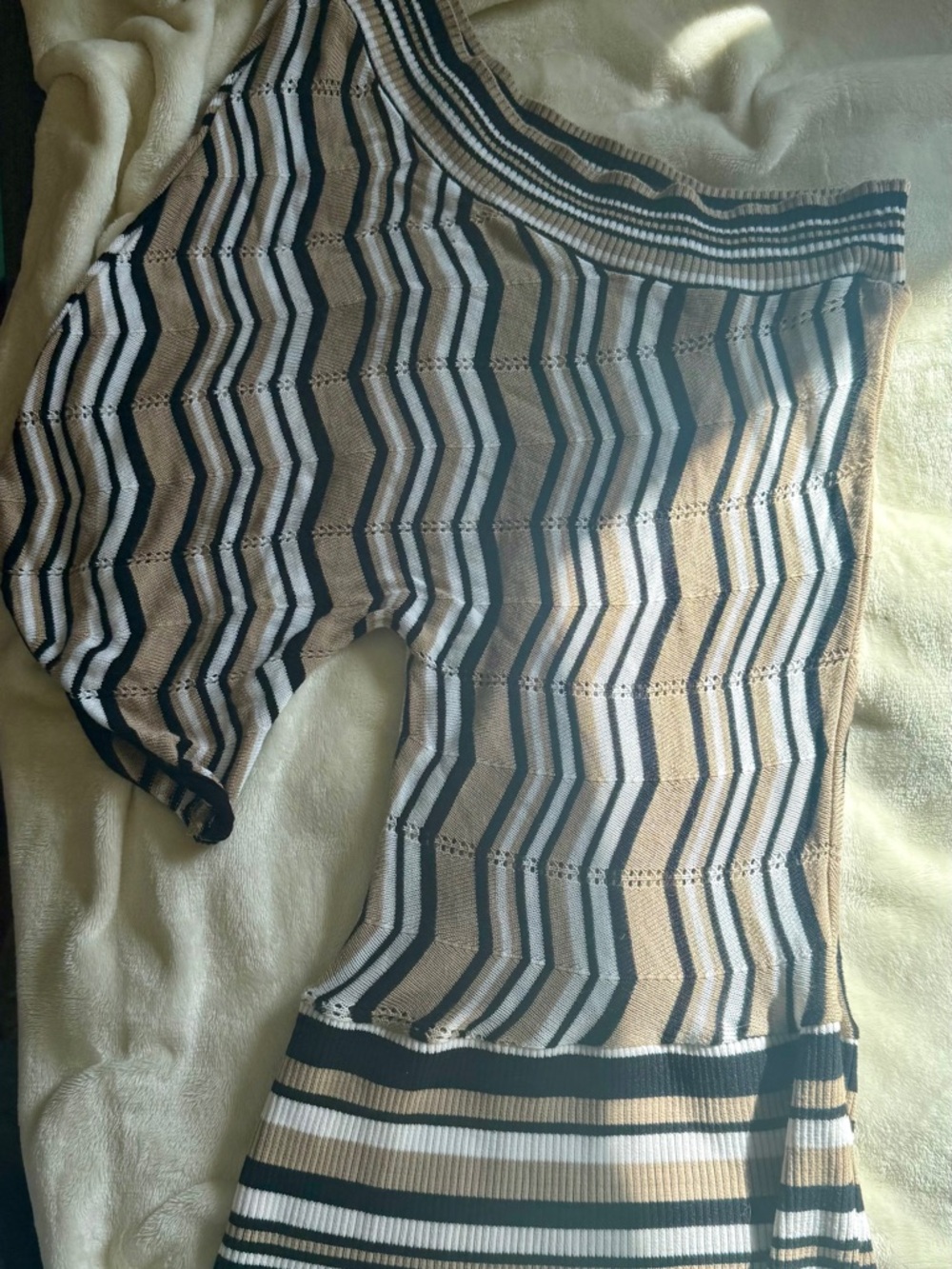 grass collection Striped Knit One-Shoulder Top in Black, White & Tan